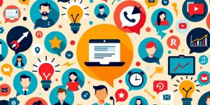 Collage of online business icons on a colorful background.