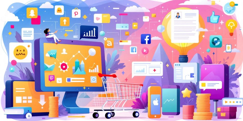 Collage of digital devices and online shopping elements.