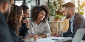 Small business owners meeting with a financial advisor.