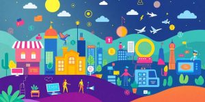 Colorful icons of online business ideas in a digital landscape.