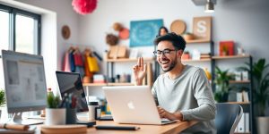 Online shopping scene with entrepreneur and diverse products.