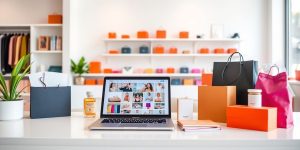 Laptop and products in a modern e-commerce workspace.