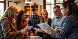 Small business owners discussing financial strategies in an office.