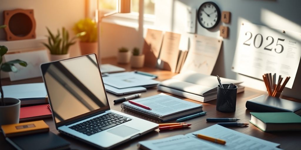 A creative workspace with tools for article writing.