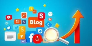 Collage of blog icons with a search magnifying glass.