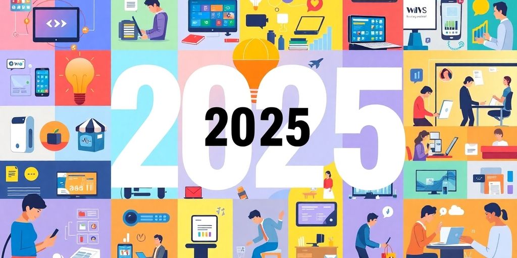 Colorful collage of new online business concepts for 2025.