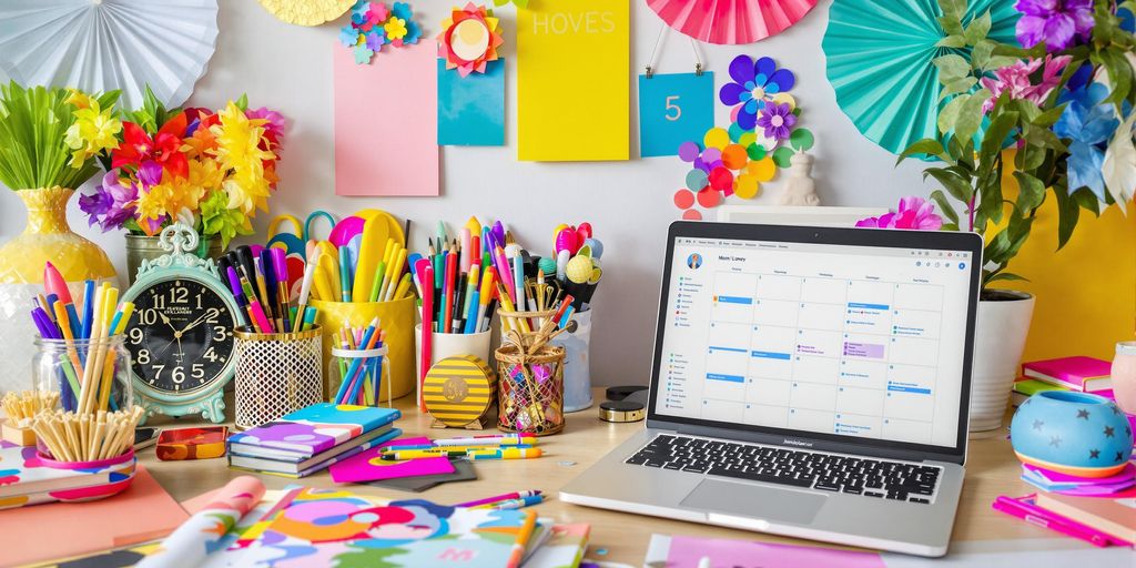 Colorful workspace for small event planning business setup.