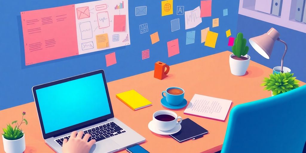 Creative workspace with laptops and brainstorming materials for business.