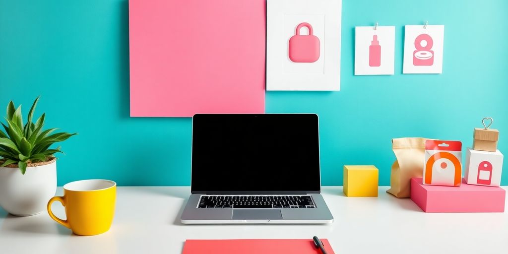 Modern workspace with laptop and ecommerce products.