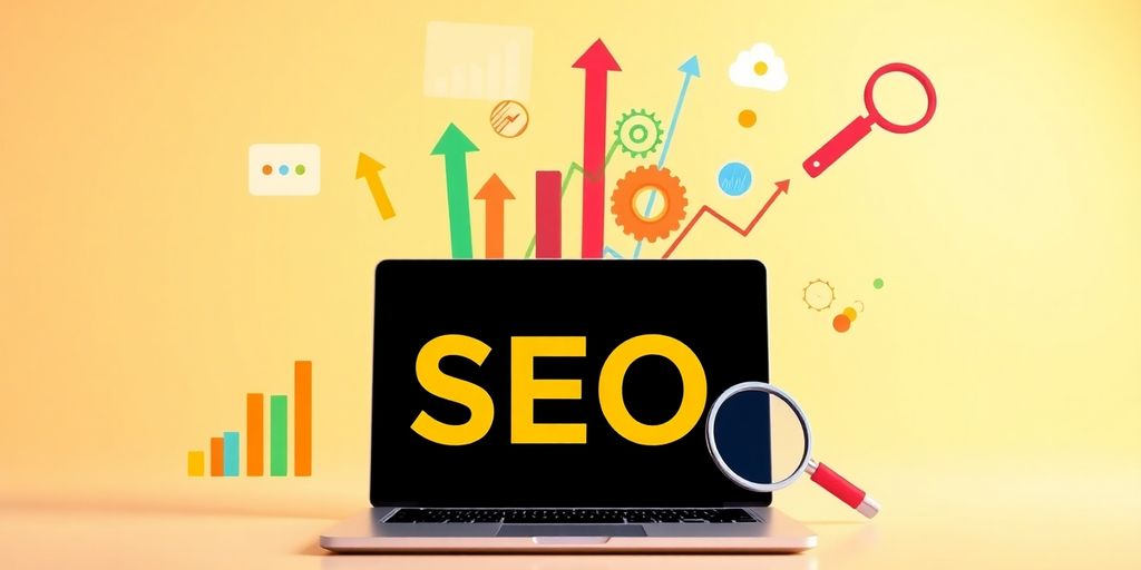Laptop with SEO icons and colorful graphs for success.