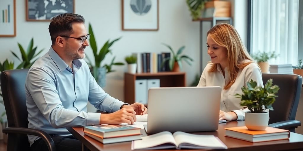 Financial advisor consulting with a client in a cozy office.
