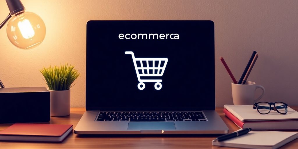 Laptop and shopping cart on a stylish workspace.