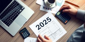 Small business workspace with financial planning tools.
