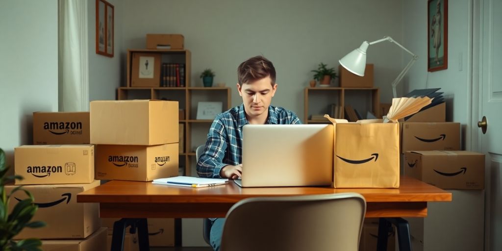 Home workspace with Amazon packages and laptop for ecommerce.