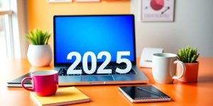 Vibrant workspace with laptop and coffee for online business.