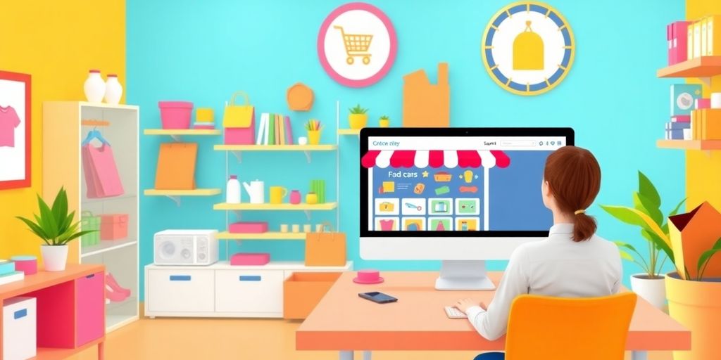 Ecommerce store setup with colorful products and computer.