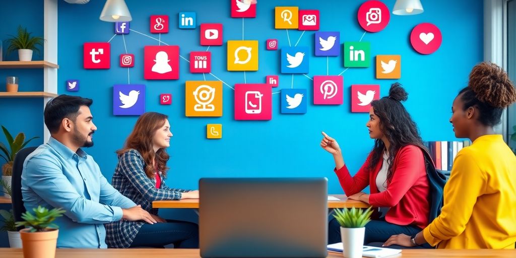 A lively workspace with social media icons and team collaboration.