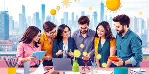 Group of entrepreneurs brainstorming in a modern office.