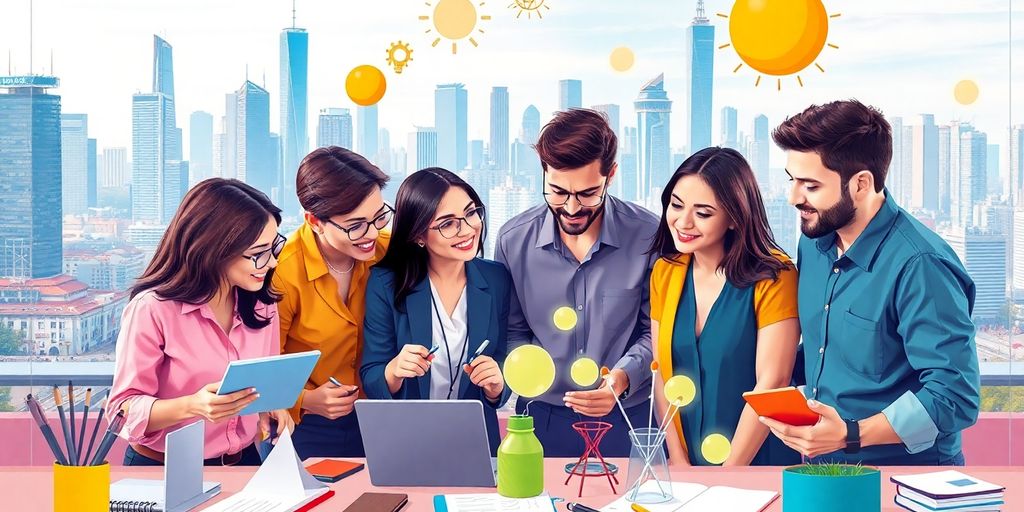 Group of entrepreneurs brainstorming in a modern office.
