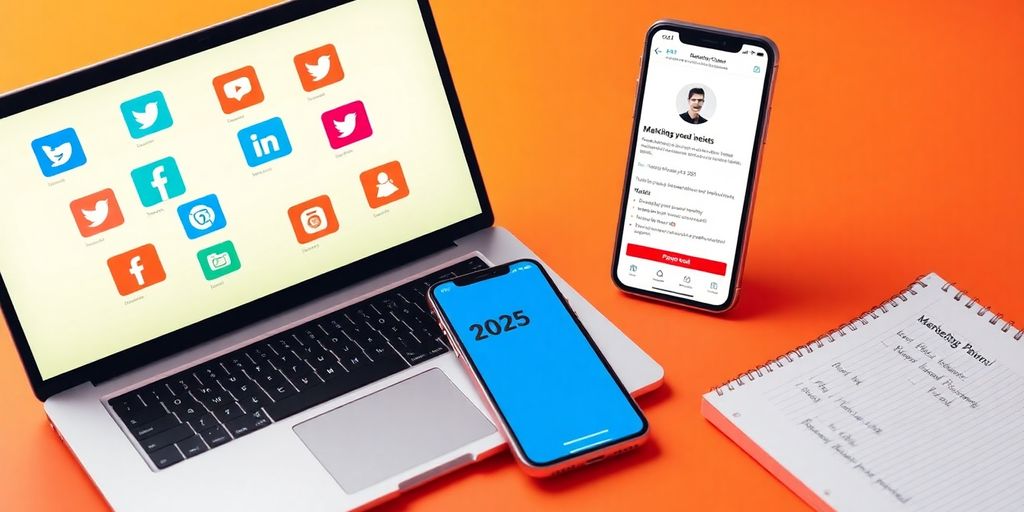 Laptop and smartphone with social media icons for business.