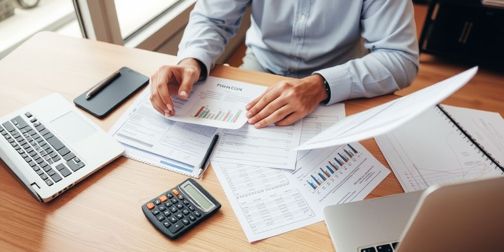 Small business owner focused on financial planning activities.