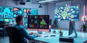 Futuristic workspace with AI tools and vibrant digital interfaces.