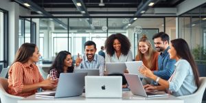Entrepreneurs collaborating on online business strategies in a modern office.