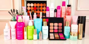Vibrant beauty products on a stylish vanity display.