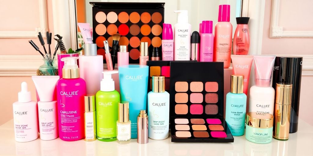 Vibrant beauty products on a stylish vanity display.