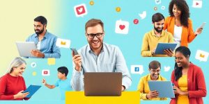 Diverse small business owners using social media tools creatively.