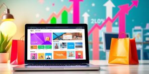 E-commerce workspace with laptop and shopping bags.
