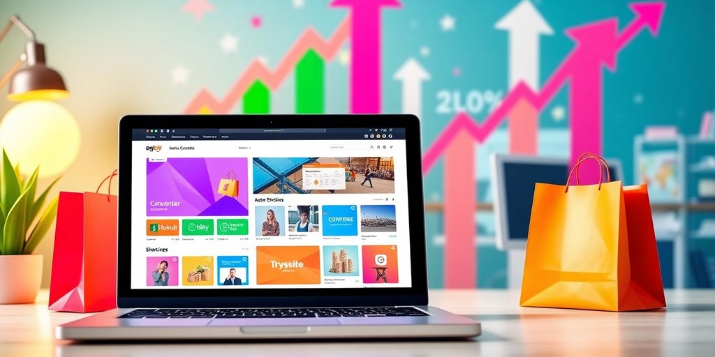 E-commerce workspace with laptop and shopping bags.
