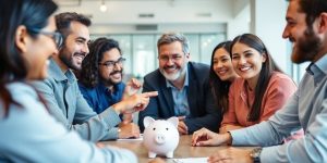 Diverse group smiling, discussing small business retirement.