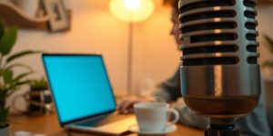 Microphone, headphones, laptop, coffee cup on a desk.