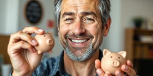 Small business owner smiling, holding piggy bank.