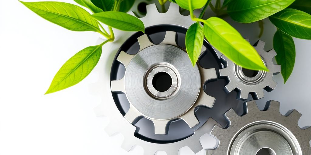 Interconnected gears turning smoothly, green leaves sprouting.