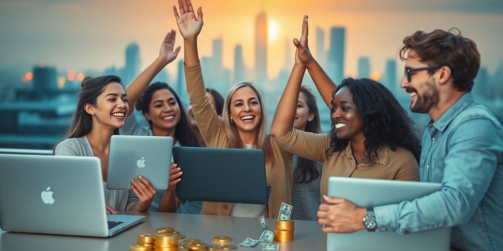 Successful entrepreneurs celebrating with money