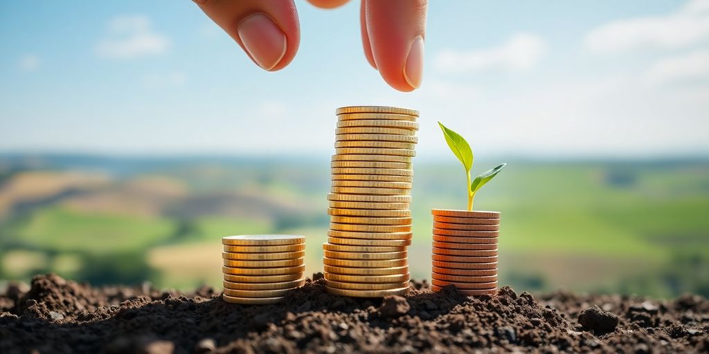 Growth: stacked coins, upward arrow, tiny figures.
