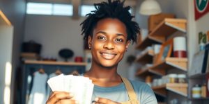 Small business owner smiling with cash.