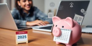 Piggy bank, calendar, small business owner, calculator, plans
