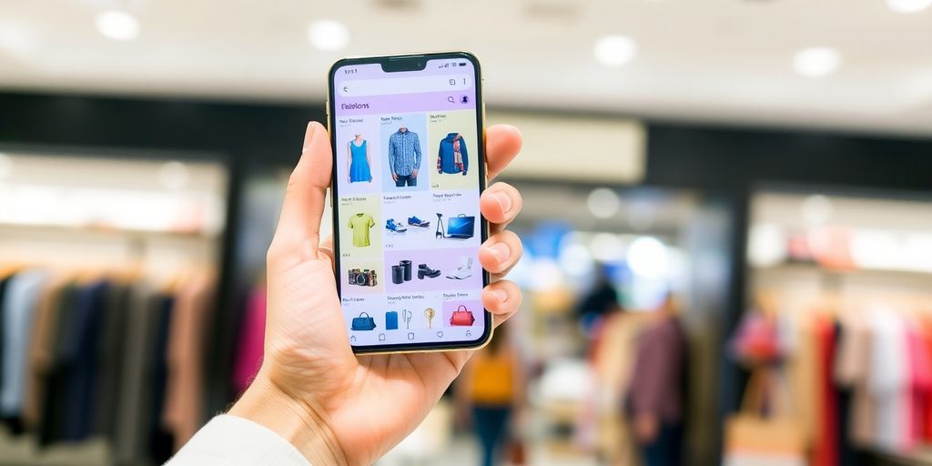 Smartphone displaying various e-commerce product images.