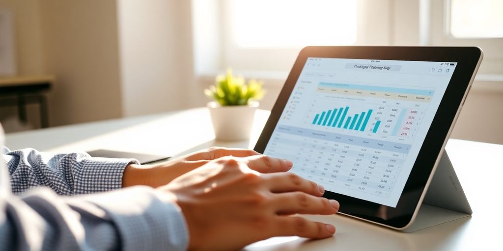 Small business owner planning finances on tablet.