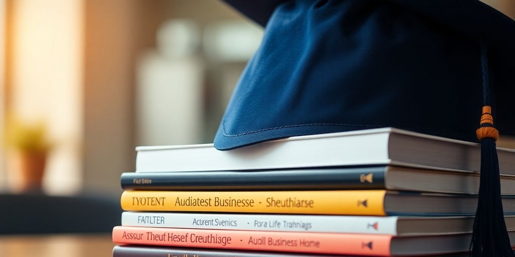 Graduation cap on stack of business books.