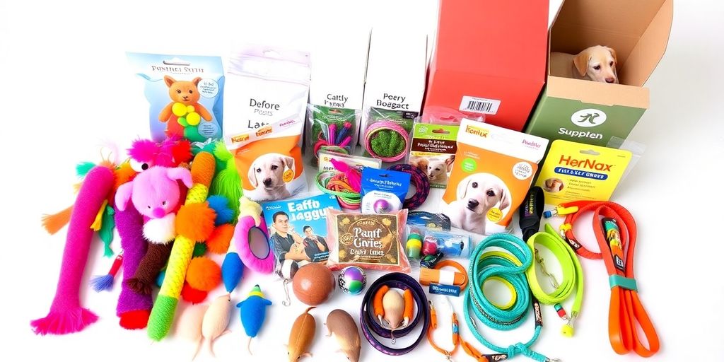 Assortment of pet products and supplier boxes.