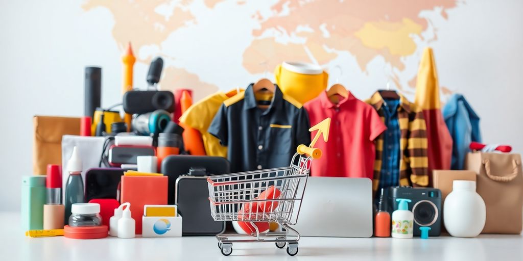 Diverse products, shopping cart, growth arrow, global map.
