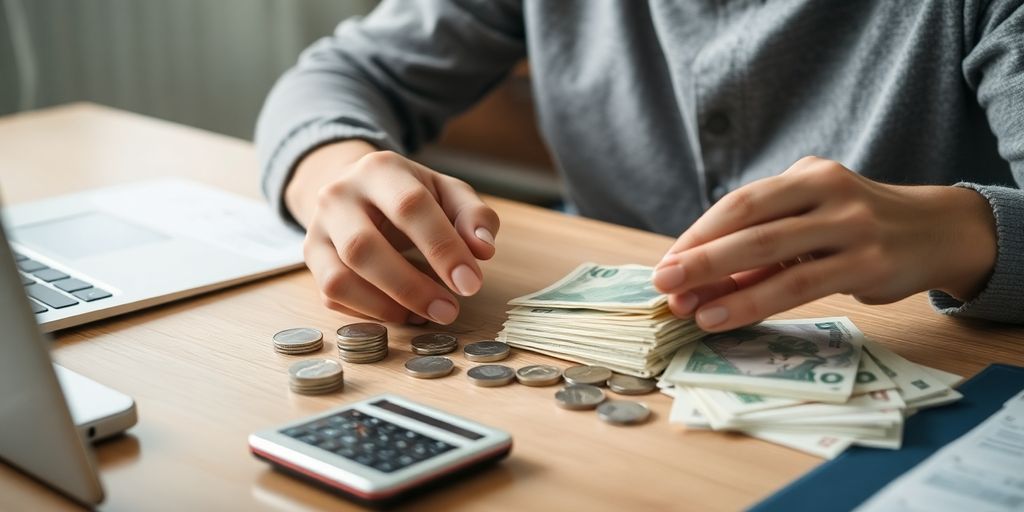 Person organizing coins, bills, and a calculator.