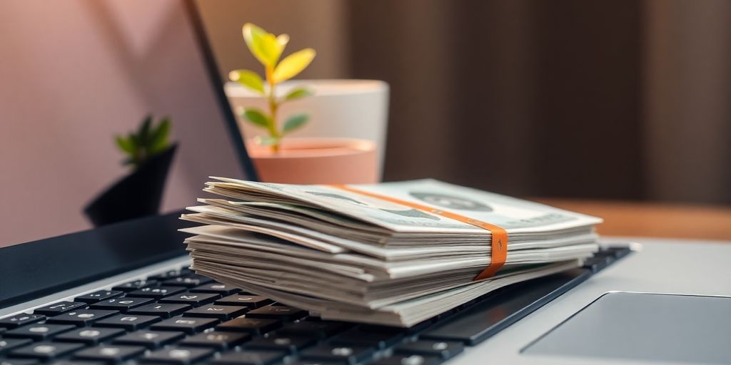 Laptop, money, and thriving small plant.