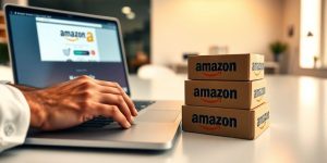 Close-up of hands typing on laptop, Amazon boxes, modern desk.
