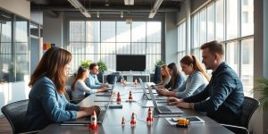 Bright office, diverse people, glowing screens