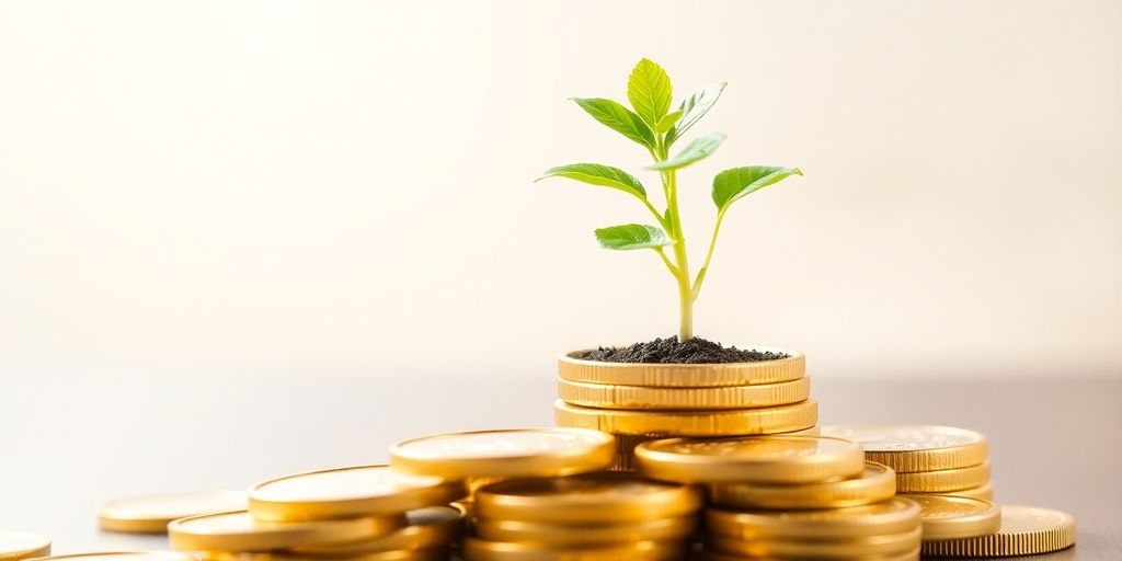 Green plant growing from coins, light background.